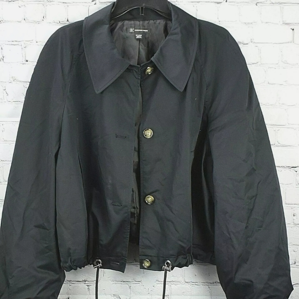 New INC Drawstring Button Front Wing Collar Black Trench Jacket Shoulder Flap M